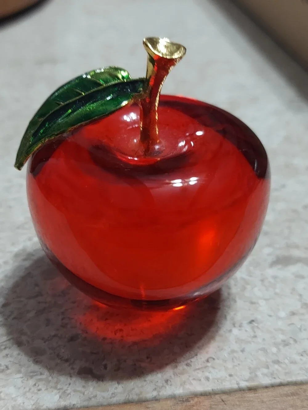 Red Glass Apple Decorative Accent with Green Leaf - Unbranded